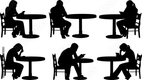 A series of six black silhouette illustrations of individuals sitting alone at small round tables. Each person is positioned uniquely—some hunched over, others leaning back or reading. The chairs and 