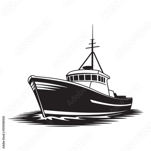 Black and white fishing trawler on water fishing boat vessel