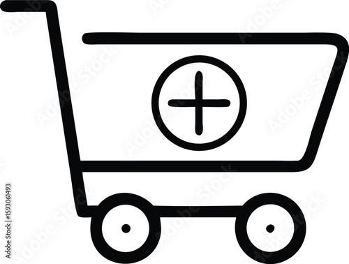 Black shopping cart icon with green plus symbol on white background trolley commerce