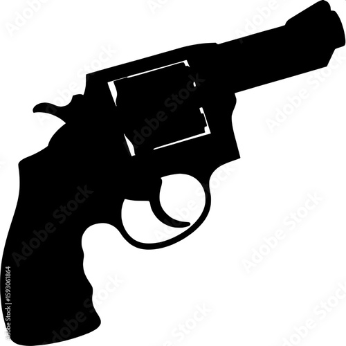 A revolver silhouette with the hammer cocked back, emphasizing the weapon’s ready state. The image remains minimalist and centered.






