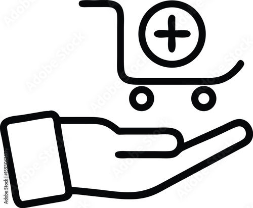 Hand holding shopping cart icon with plus symbol vector