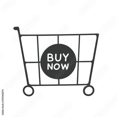 Dark gray shopping cart icon with white buy now text inside circle trolley purchase commerce