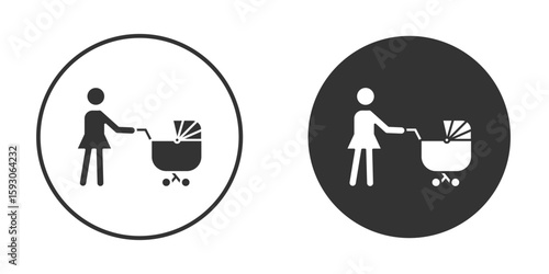 Woman with Baby Stroller icon. Black filled vector illustration. vector logo template