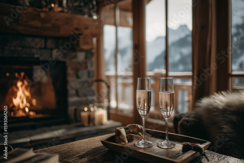 Champagne Glasses on Tray in Cozy Cabin with Fireplace and Mountain View