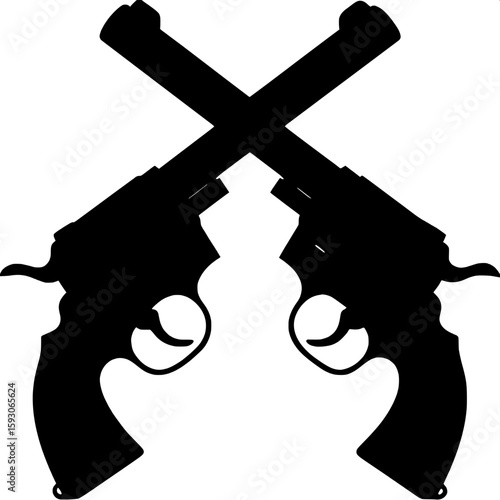 Two crossed revolver silhouettes, shown in mirror profile with barrels tilted upward, forming an "X" on a clean white background. Minimalist and bold, focusing solely on shape.

