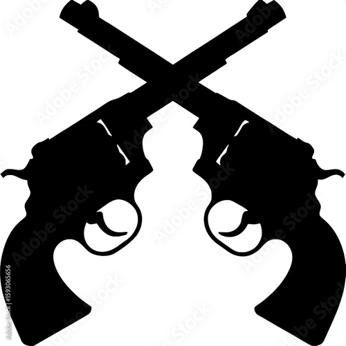 Two crossed revolver silhouettes, shown in mirror profile with barrels tilted upward, forming an "X" on a clean white background. Minimalist and bold, focusing solely on shape.

