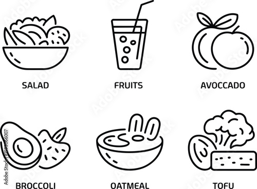 Healthy food icons salad fruits avocado broccoli oatmeal and tofu