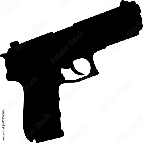 A silhouette of a semi-automatic pistol, shown in side profile, centered on a white background. The black shape highlights the slide, trigger guard, and grip with no inner details, focusing on the gun