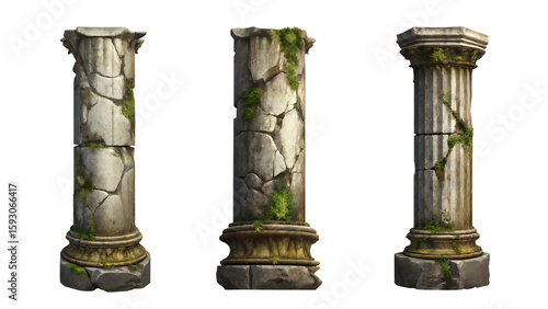 old ruins pillar set isolated on white background PNG, AI GENERATED