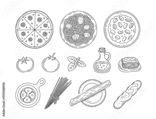 Hand drawn italian food collection featuring pizza pasta bread and ingredients