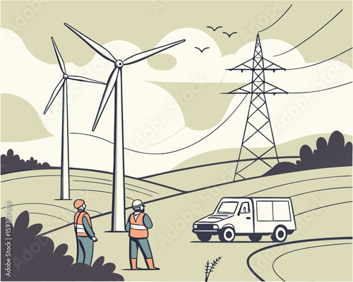 Wind Farm With Maintenance Workers | Renewable Energy Operations