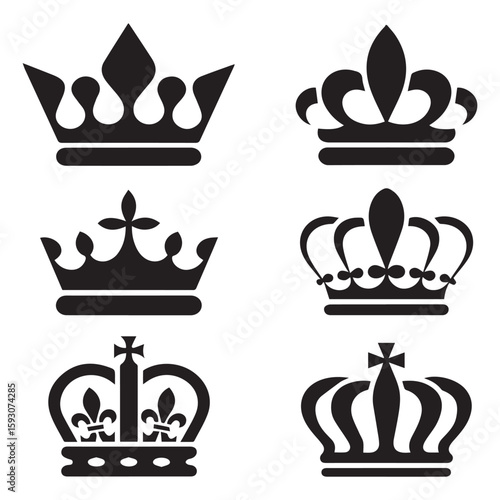 A collection of six regal crowns in black silhouette, isolated on white background, each with unique designs representing royalty, power, and historical significance