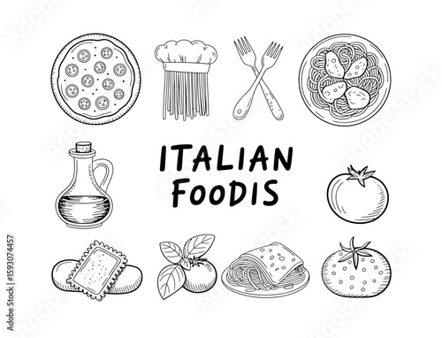 Hand drawn italian food icons featuring pizza pasta and more