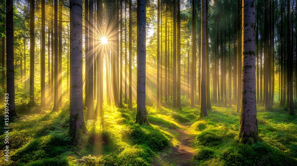 Fototapeta premium Sunbeams in Misty Forest, Magical Sunlight Through Trees
