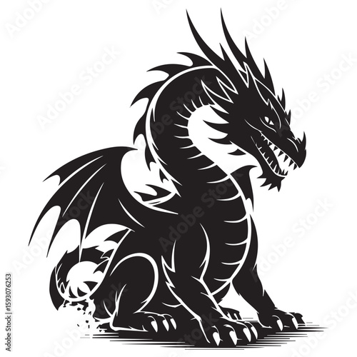 A striking silhouette of a majestic dragon, exuding power and mystique, with intricate details in its wings and scales, isolated on white background