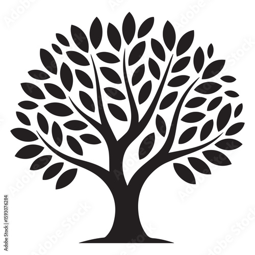 A striking silhouette of a tree with abundant leaves, isolated on white background, conveying a sense of natural growth and organic design in a minimalist style