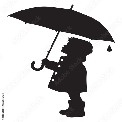 A young boy finds joy under his umbrella as raindrops fall, a silhouette isolated on white background, capturing a moment of childhood wonder and protection