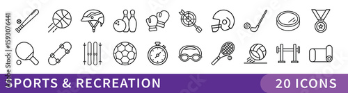 Sports and Recreation Minimalist Icon Set, A dynamic set of 20 minimalist icons featuring various sports, athletic gear, and fitness activities—perfect for health, training, or competition themes.
