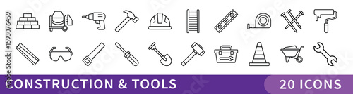 Construction and Tools Minimalist Icon Set, A sturdy set of 20 minimalist icons representing construction gear, tools, and building materials—ideal for architecture, labor, or industrial projects.
