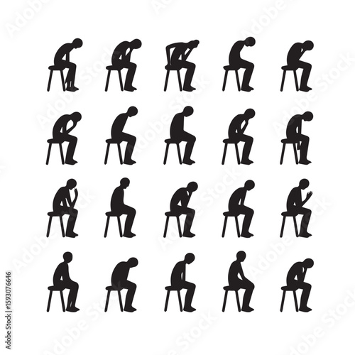 Silhouettes of sad men sitting on chairs isolated on white background, illustrating depression and loneliness