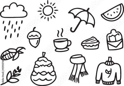 Autumnal elements including rain cloud sun umbrella acorn hot drink slice of watermelon pinecone layered cake scarf and sweater