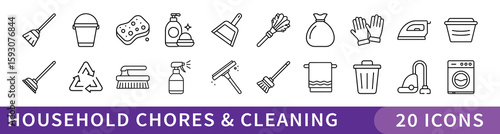 Household Chores and Cleaning Icon Set, Minimalist icon pack of 20 household and cleaning-related symbols, perfect for organizing, tidying, or domestic care-themed design projects.
