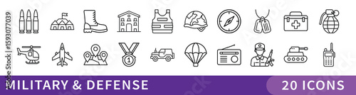 Military and Defense Minimalist Icon Set, A tactical collection of 20 minimalist icons featuring military gear, weapons, and defense elements for security, strategy, or combat themes.

