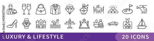 Luxury and Lifestyle Minimalist Icon Set, A sleek set of 20 minimalist icons showcasing symbols of luxury, wealth, and upscale lifestyle—ideal for premium branding or fashion projects.

