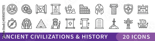 Ancient Civilizations and Historical Icon Set, Set of 20 minimalist icons depicting ancient cultures, artifacts, and historical monuments for educational, cultural, or heritage-themed projects.
