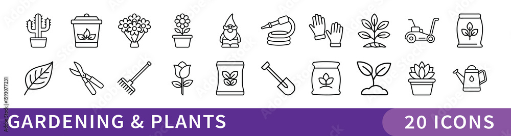 Fototapeta premium Gardening and Plant Care Icon Collection, Set of 20 minimalist icons illustrating gardening tools, plants, and outdoor care for use in eco, hobby, or nature-themed projects. 