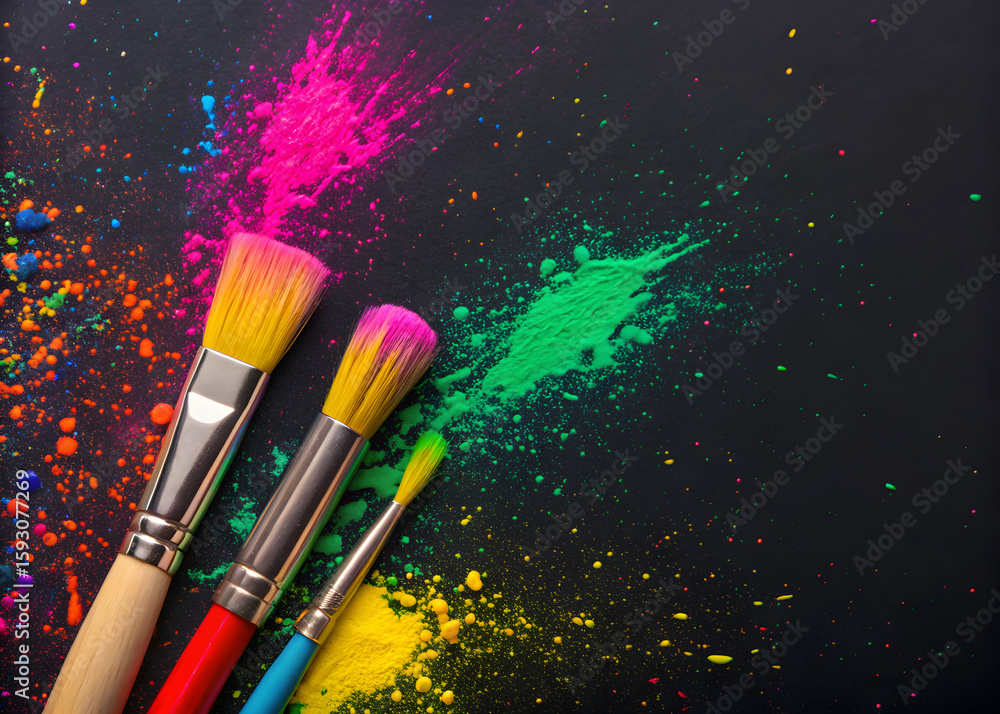 Fototapeta premium Creative composition with splattered neon paints and brushes