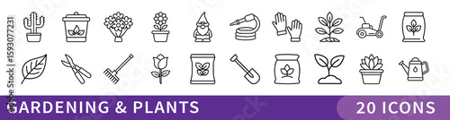 Gardening and Plant Care Icon Collection, Set of 20 minimalist icons illustrating gardening tools, plants, and outdoor care for use in eco, hobby, or nature-themed projects.

