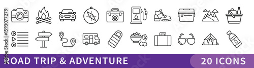 Road Trip and Outdoor Adventure Line Icon Set, Set of 20 thin line icons featuring travel gear, camping, driving, sightseeing, and nature activities—perfect for road trip planning and adventure projec