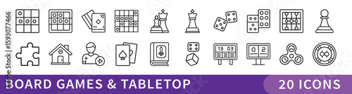 Board Games and Tabletop Line Icon Set, Set of 20 thin line icons featuring classic board games, cards, dice, tokens, and strategy pieces—ideal for gaming, hobby, and entertainment projects.
