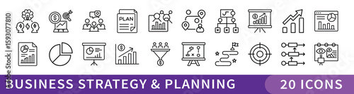 Business Strategy and Planning Line Icon Set, Set of 20 thin line icons representing business growth, planning, management, analytics, and organizational strategy for corporate and startup projects.
