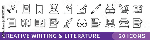 Creative Writing and Literature Line Icon Set, Set of 20 thin line icons representing storytelling, books, writing tools, authors, and literary elements for educational and artistic projects.
