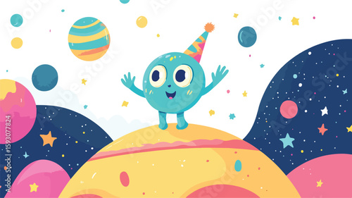 Friendly alien waving on mini planet