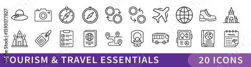 Tourism and Travel Essentials Line Icon Set, Set of 20 thin line icons representing travel gear, transportation, documents, landmarks, and essentials for tourism, vacations, and global adventures.
