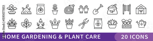 Home Gardening and Plant Care Line Icon Set, Set of 20 thin line icons featuring gardening tools, potted plants, seeds, and plant care essentials for home garden and horticulture projects.
