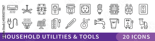 Household Utilities and Maintenance Tools Icon Set, Set of 20 thin line icons showing household utilities, plumbing, electrical fixtures, and maintenance tools for home improvement and repair projects