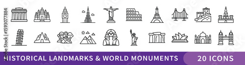 Historical Landmarks and World Monuments Icon Set, Set of 20 thin line icons illustrating famous global landmarks, ancient monuments, and cultural heritage sites for travel and educational design use.