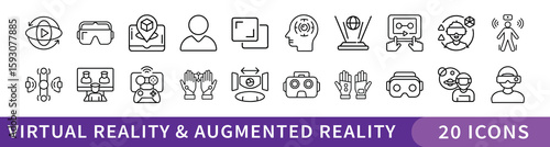 Virtual Reality and Augmented Reality Icon Set, Set of 20 thin line icons featuring virtual and augmented reality gear, user interaction, headsets, and immersive technology for tech and gaming project