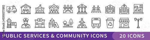 Public Services and Community Facilities Icon Set, Collection of 20 thin line icons representing public services, municipal buildings, parks, schools, and community infrastructure for civic and urban 