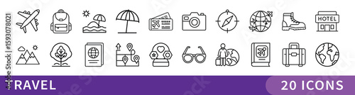 Travel and Vacation Line Icon Set, Set of 20 thin line travel icons including transportation, destinations, gear, and vacation elements, perfect for tourism design projects.
