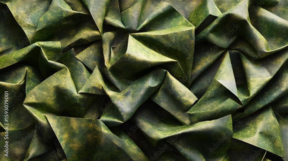 Obraz premium Abstract Green Fabric Texture, Draped Wrinkled Cloth, Geometric Pattern