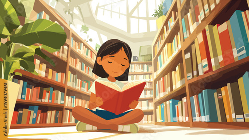 South Asian student reading in library