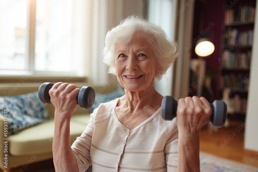 Fototapeta premium Happy elderly woman weightlifting at home. Smiling senior female pensioner lifting dumbbell weights. Fitness and exercise for old people, active aging and healthy living in golden years