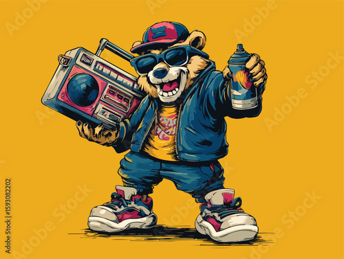 Urban cartoon bear with boombox, spray can, tracksuit, and sunglasses in bold graffiti street style.