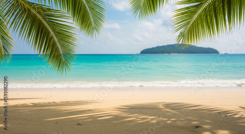 Fototapeta Naklejka Na Ścianę i Meble -  Sandy beach scene framed by palm fronds, turquoise ocean in background, showcasing free space for text or advertisement, evokes summer vacation feelings
