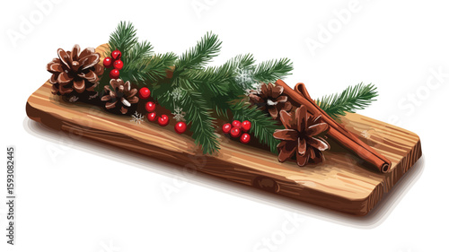 Festive Spruce Wooden Plank with Cinnamon Berries